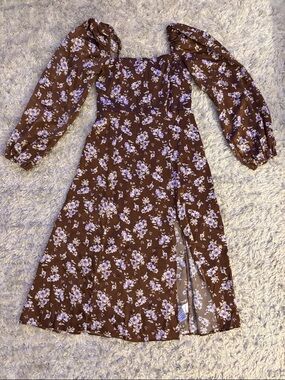 miami Brown Floral Midi Dress with Lilac Flowers